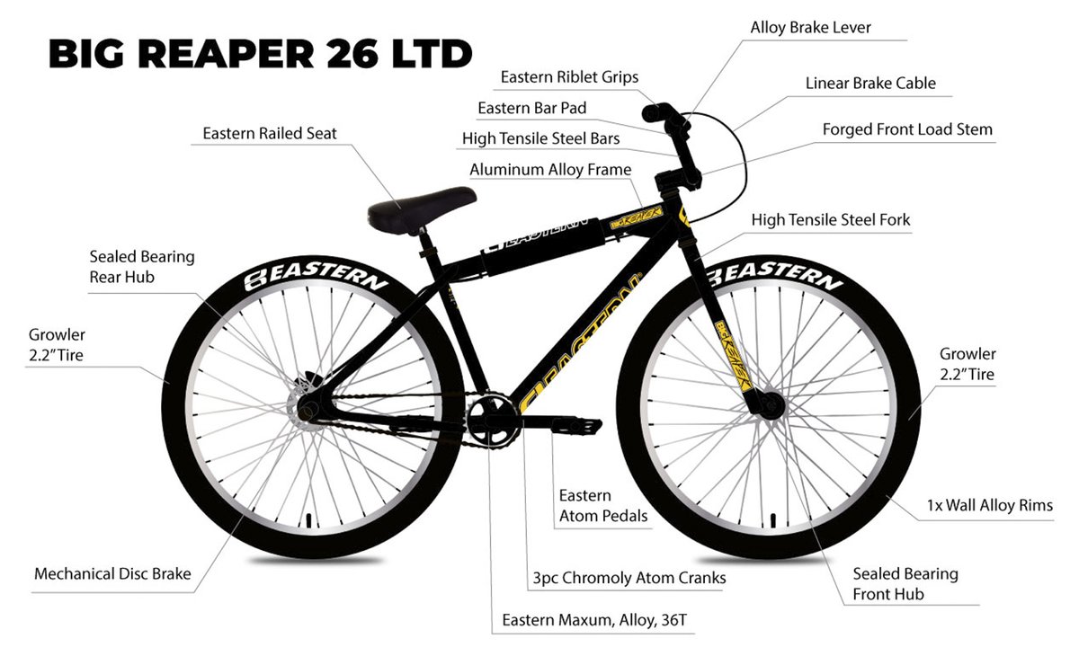 #EasternBigReaper 26” our latest Big Wheel Bike, is a street ruler! This limited 26” model features sealed front and rear hubs, mechanical disc brakes, heat-treated chromoly three-piece sealed cranks and much more. easternbikes.com/collections/le…
#bigbmx #easternbikes #easternbmx