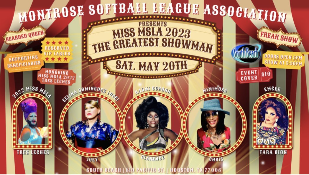 📣📣 Don’t forget to come see us this Saturday at South Beach for the Miss MSLA 2023 event of the year! We are thankful to be one of the Montrose Softball League Association beneficiaries this year! 
#lgbtqevents #lgbtq #lgbtqia #queerevents #drag #lgbtqiap #southbeachhouston