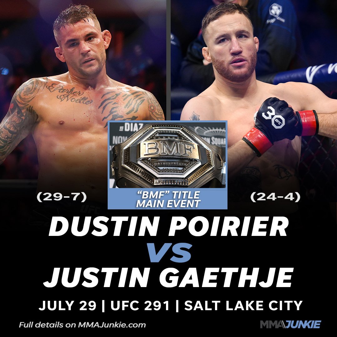 MMAJunkie's tweet image. The BMF title is BACK and up for grabs.

All-time violence kings Dustin Poirier and Justin Gaethje will run it back at #UFC291 in Salt Lake City. 🩸👑

More additions: bit.ly/BMFback