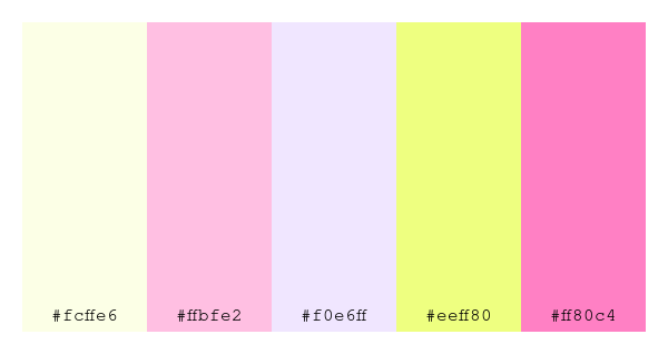 ColPaletteBot's tweet image. Beep beep, here&apos;s a pretty color palette for you! 

color-scheme.js parameters used: 
- hue: 130
- variation: light
- colors: #fcffe6, #ffbfe2, #f0e6ff, #eeff80, #ff80c4

Have a lovely evening!

#twitterbot #colorpalette #colors #palette #prettycolors