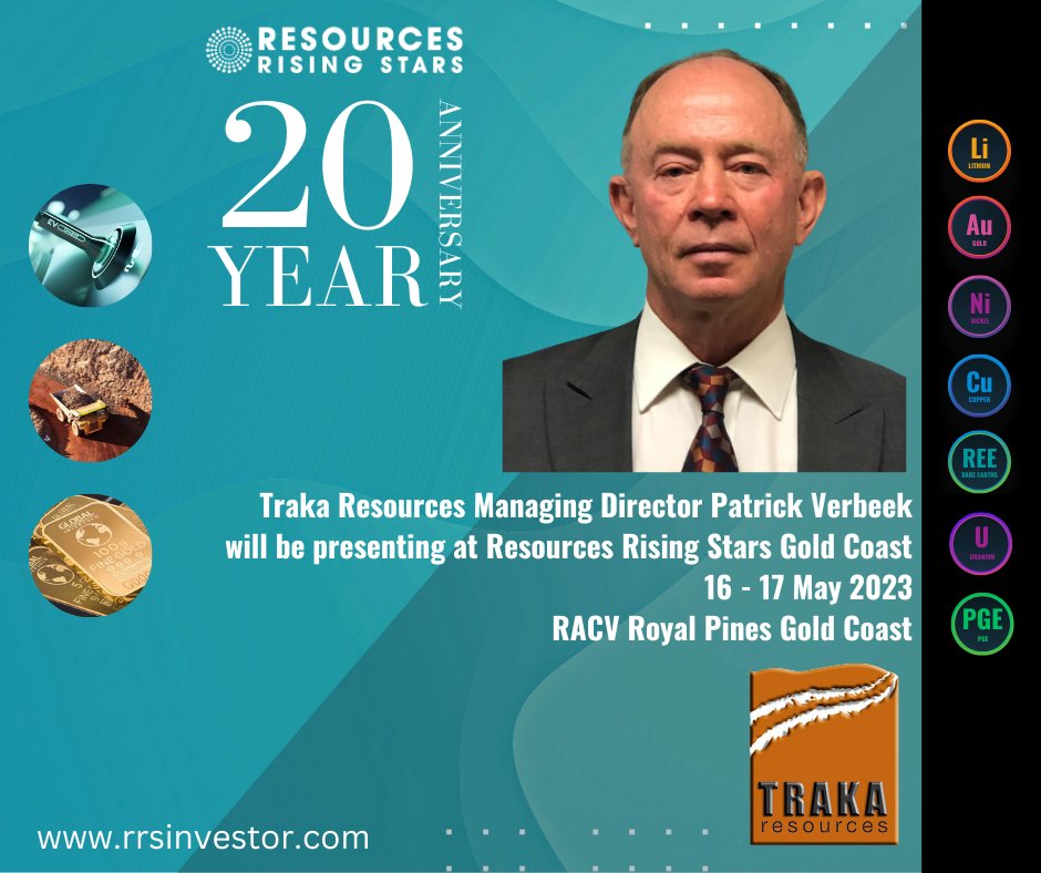 TrakaResources's tweet photo. Managing Director Patrick Verbeek will be speaking at the Resources Rising Stars Gold Coast Conference today at 4:15pm AEST.

Join us in the Investor Zone or via the livestream to watch his presentation:
https://t.co/n0XOcOUNp0 https://t.co/8pt50IO2rI