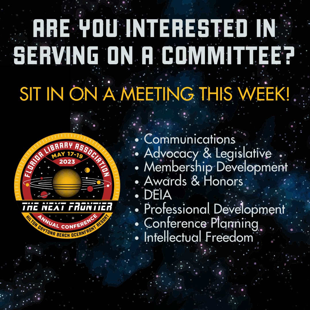 TweetFLAlibrary's tweet image. Are you interested in being more involved at FLA? Join one of the Committee Meetings to learn about the important work they do for the Association!

#FLACon23 #FloridaLibraryAssociation #FloridaLibriarans #Committees