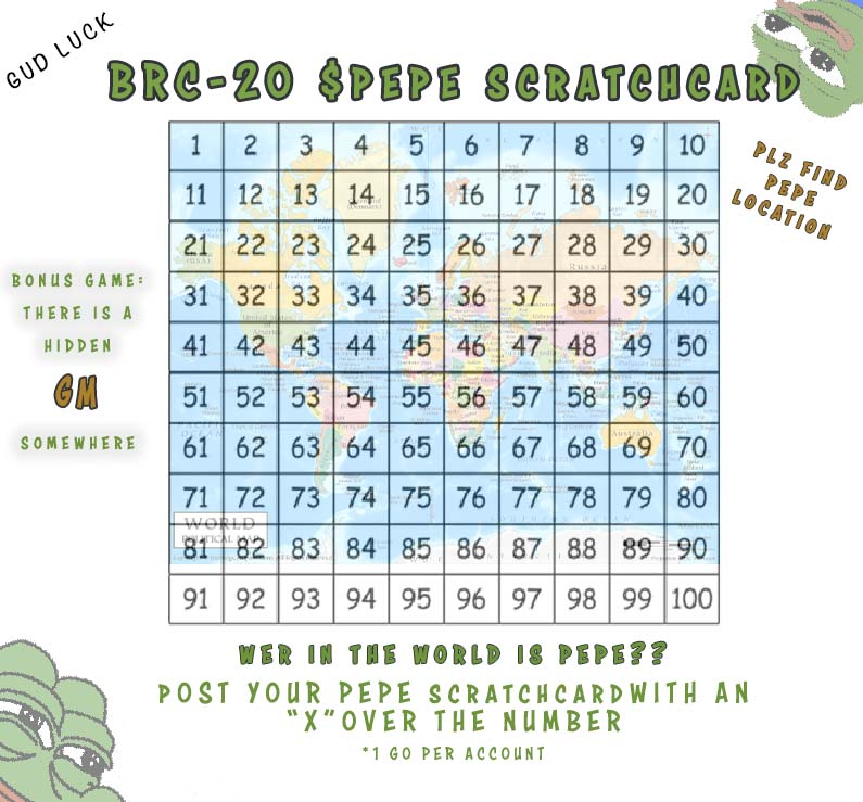 $pepe has been busy and is on the road Rn,
pick a box to mark with an X in the location you think 🐸 is in right now:) 1 Choice per person,
Find : Gm = 500 $pepe 🐸
Find pepe's Location : 1000 $pepe 🐸
play fair, Must 🔁 retweet 🤝
BBL to check for winners!! 💚🐸🪄✨
#Bitcoin