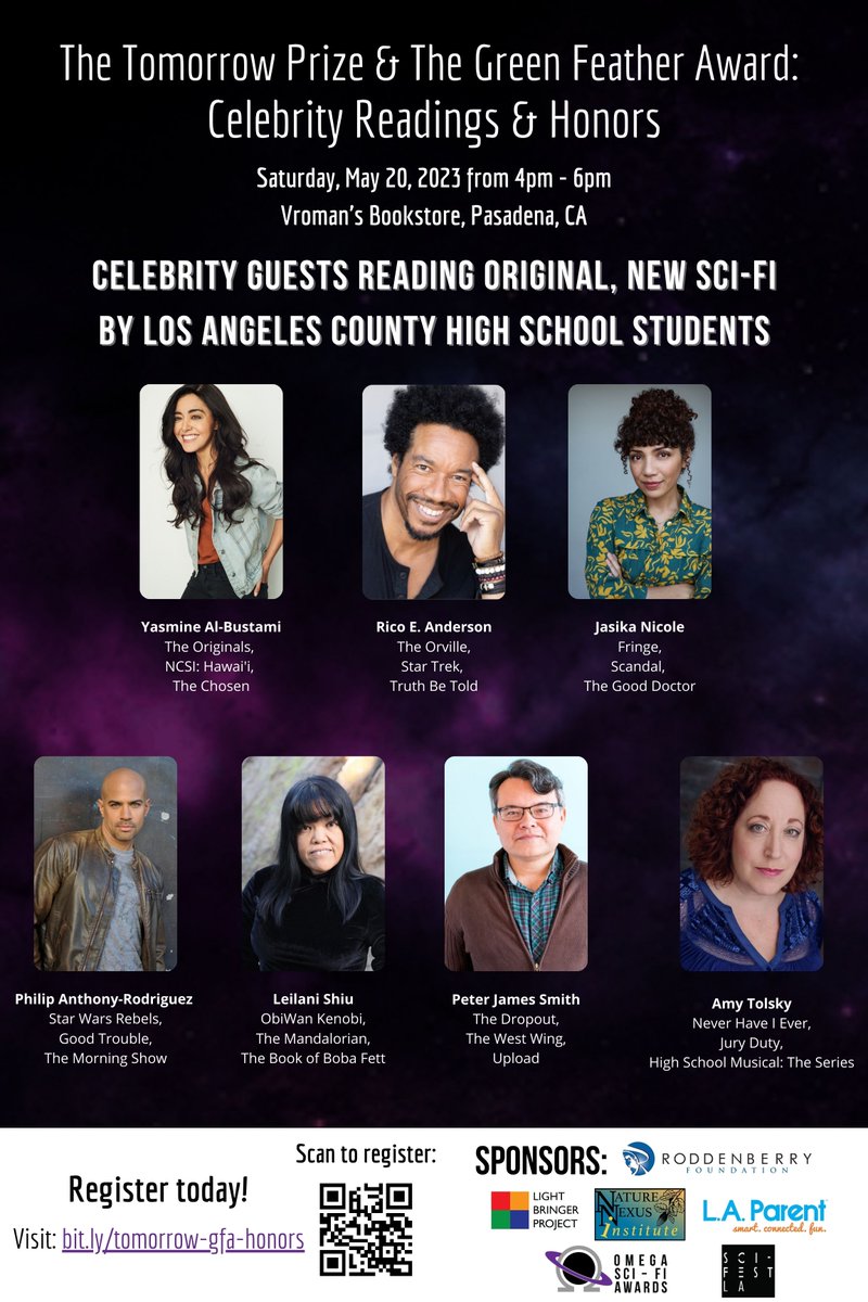 Escape reality and delve into the extraordinary at our #scifi event! Listen to our amazing guest readers as they bring Los Angeles students' stories to life on Saturday, May 20, 2023!   
Link: bit.ly/tomorrow-gfa-h…

Register today! Seats are limited.
