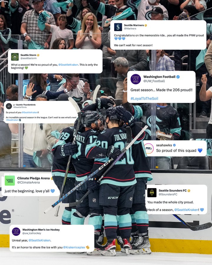 Team celly pic on the ice with screenshots of comments/tweets from Seattle pro sports teams congratulating the kraken on great season