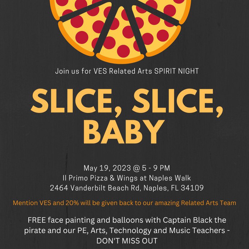 Join us this Friday, May 19 at Il Primo from 5 PM to 8 PM to support your VES related arts team. The captain will be there! <a href="/VineyardsVipers/">Vineyards Elementary</a> <a href="/VESMrsPowellArt/">Erin Powell</a> <a href="/Lisa_Murray_abc/">Ms. Murray VES P.E.</a> <a href="/mrswaltersPE/">Coach Walters</a> <a href="/VineyardsMusic/">Vineyards Elementary Music</a> <a href="/IR_MrR_CCPS/">Adam Rynsburger</a> <a href="/collierschools/">Collier County Public Schools</a>  
#IlPrimoNight 
#SupportVESRelatedArts