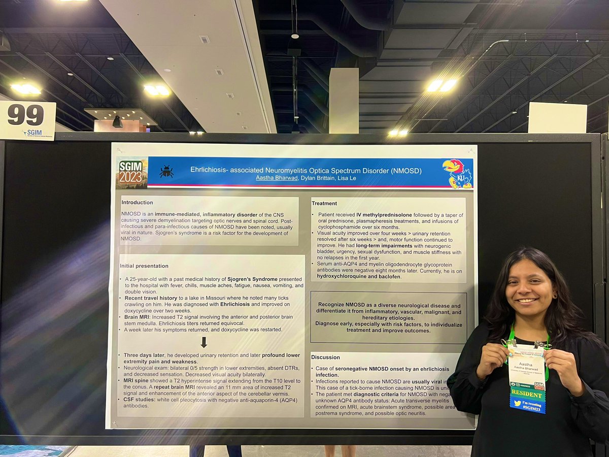 AasthaBharwad's tweet photo. Great conference, warm company, best times❤️ @SocietyGIM National Conference will be remembered:) Happy to present my work on Ehrlichiosis-associated NMOSD at #SGIM2023 #MedTwitter 

@RaSeech22 @KUSM_Wichita https://t.co/Vzi2u2dQR0