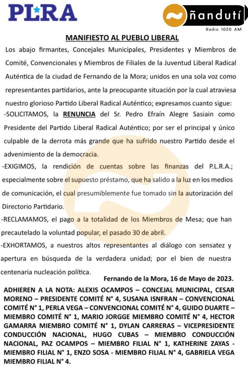 Crisis en el PLRA  Concejales municipales, Presidentes y miembros de Comité, Convencionales y Miembros de Filiales de JLRA de Fernando de la Mora piden la renuncia del Presidente <a href="/EfrainAlegre/">Efraín Alegre</a> 

Exigen además rendición de cuentas sobre finanzas y pago a miembros de mesa. #1020AM