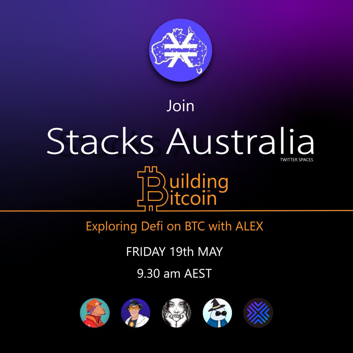 StacksAustralia's tweet photo. Looking forward to having special guests @MarcOfCane and @DeFiPoet from @ALEXLabBTC join Stacks Australia Host @TheLiberalThumb on our space this week to talk DEFI for Bitcoin. https://t.co/g7QJObAVVX