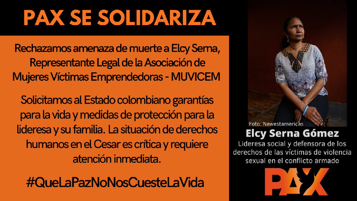 🚨| #PaxInforma #PaxCesar

#ATENCIÓN. Rechazamos las amenazas de muerte contra Elcy Serna, lideresa social del Cesar. 

Exigimos al Estado colombiano garantías para la vida e integridad de Elcy Serna y su familia.

Ver denuncia: acortar.link/edtu17
#QueLaPazNoNosCuesteLaVida