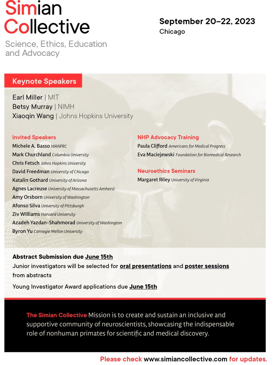CoryMillerMarmo's tweet photo. SimCo 2023 Abstracts and YIA due June 15th! Cutting edge NHP Neuroscience, NHP Advocacy Training and NeuroEthics Seminars. @MillerLabMIT @MIcheleABasso1 @MarkChurchland @chris_fetsch @djfreedman @GothardKati @AL_marmo @neuroamyo @AfonsoCSilva @YuLikeNeuro @slimanjbensmaia &amp;more https://t.co/Q1x3rioi4X