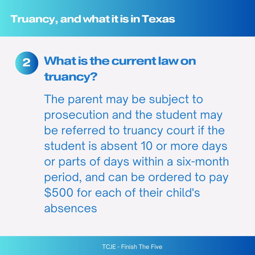 TexasCJE's tweet photo. Next up in our series of posts from our Youth Justice Ambassadors is this extended infographic on truancy from Michael! Learn about the definition, the current penalties, how we can address the issue outside of the system, and what the Texas Legislature can do. https://t.co/7Xfd1IWvYa