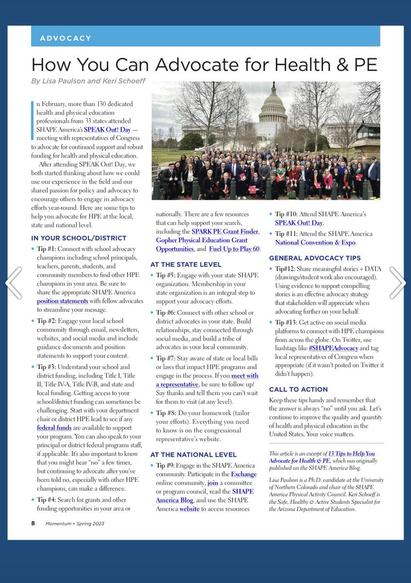 Glad to see this article in the latest issue of Momentum. 

More #PhysEd &amp; #Healthed advocates needed! 
Give it a read 👍 

Momentum Magazine - Spring 2023 issuu.com/shapeamerica/d… via <a href="/issuu/">Issuu</a>