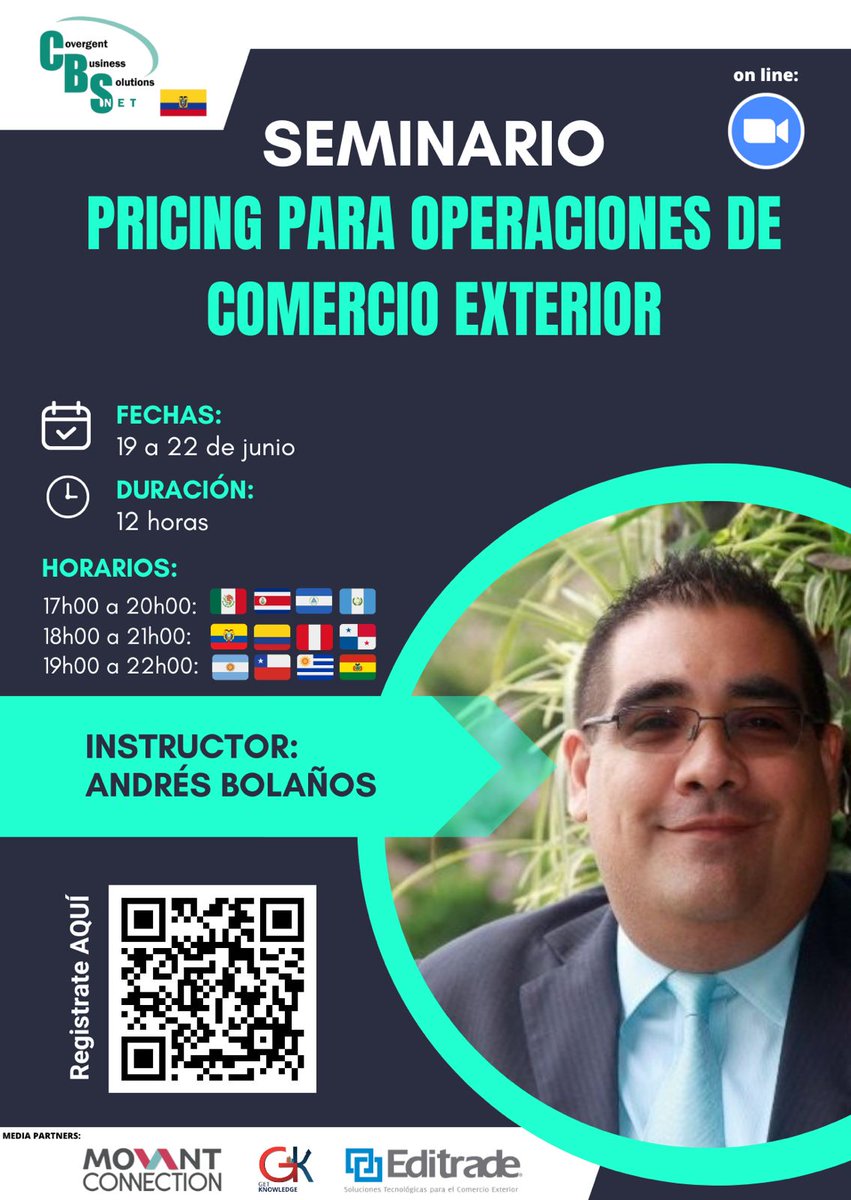 EcuaSigad's tweet photo. Seminario Pricing para Operaciones de Comercio Exterior.

📅Fecha: 19 a 22 de junio
⏰️Duración: 12 horas
🧑‍💻Instructor: Andrés Bolaños
➡️Regístrate aquí: https://t.co/IkqMcBT6le 

#Editrade #ComEx https://t.co/wlgYee3Sqp