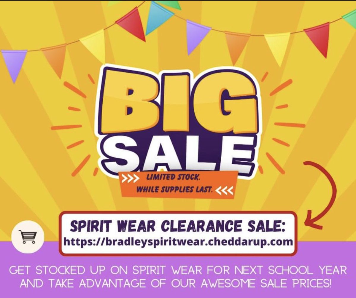🚨SALE!!! SALE!!! SALE!!! SALE!!!🚨
Snag some great deals by shopping our end of year clearance SPIRIT WEAR!!! All left over items have been discounted to make room for all new spirit wear (coming soon)!

Shop our school spirit wear store at: bradleyspiritwear.cheddarup.com