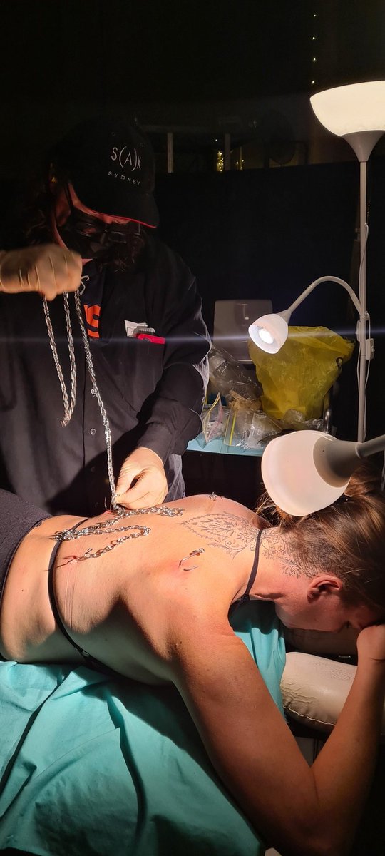 StarloveShibari's tweet photo. It's me being stabbed with flesh hooks by DUD, linked up to chains and doing energy pulls on a mat. The bodywork lasted 24mins. I had full autonomy and really enjoyed the experience. #masochistic #medplayer #needles #trance #naturalhighs #healingwell #readytosuspend https://t.co/FgdqaZfMj6