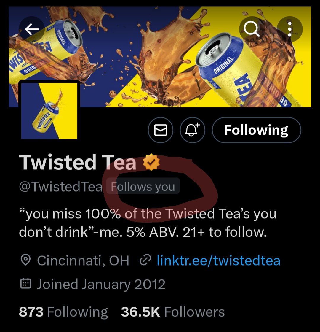 graystaproompod's tweet photo. It only took 101 episodes, but @TwistedTea is following us!!!!  LETS FUCKING GO!!!!!! https://t.co/t4X3qOF8Wv
