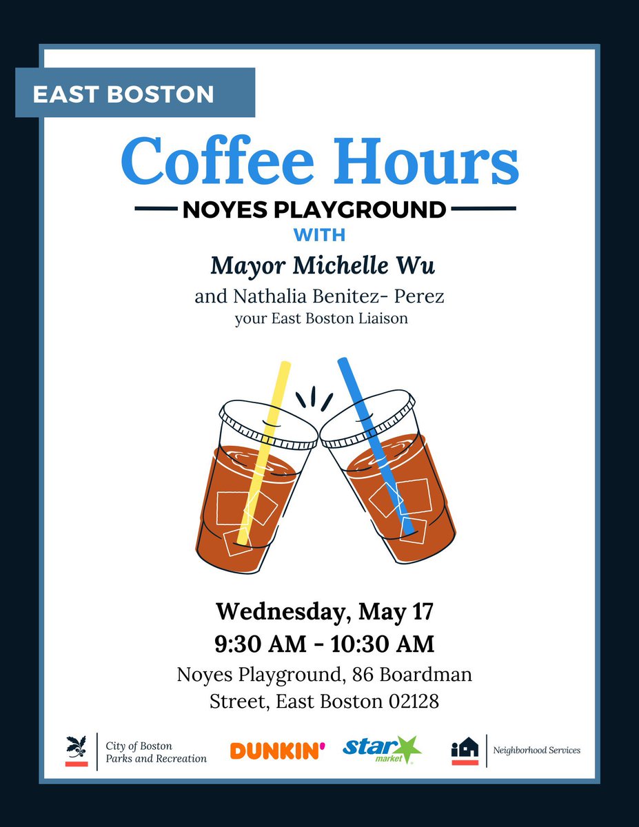Hi #EastBoston neighbors,

We’ll be having some ☕️ with <a href="/MayorWu/">Mayor Michelle Wu 吳弭</a> tomorrow! 

I hope you can join us.

- Wednesday, May 17th
- Noyes Playground
- 9:30-10:30 AM