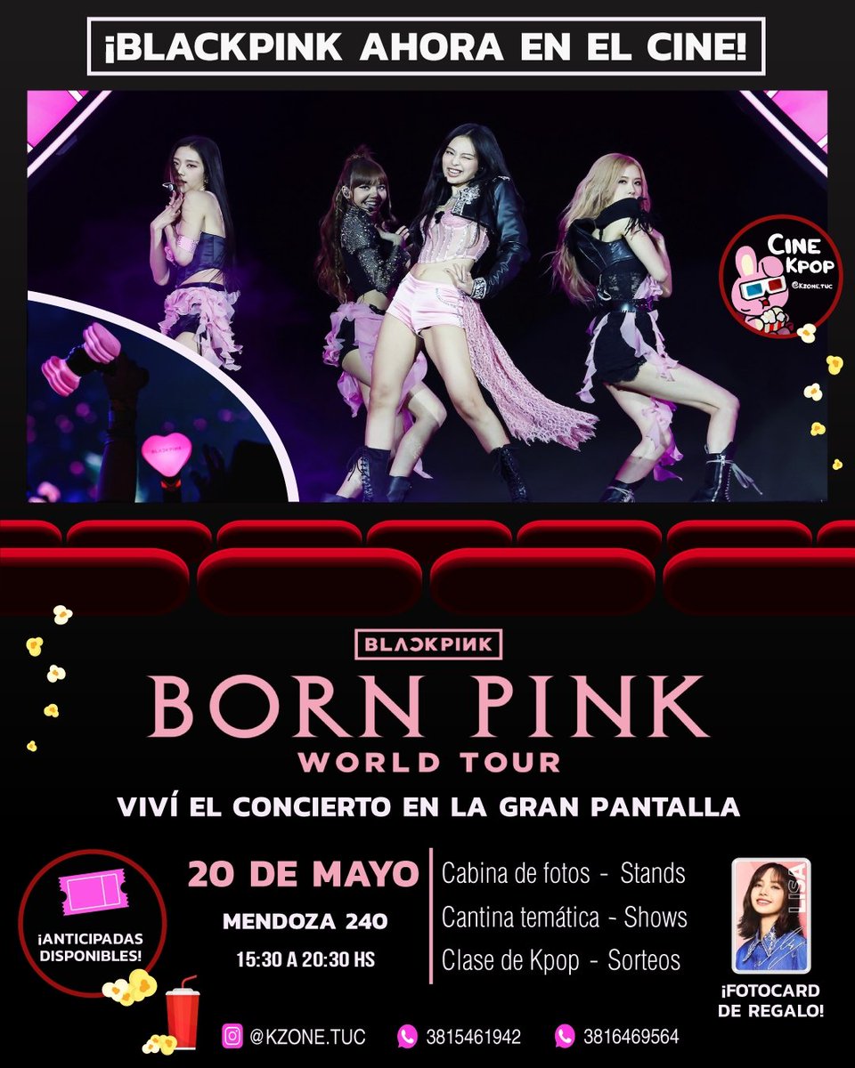 ¡BLACKPINK ahora en el cine! 📽🍿 Sábado 20 de Mayo

• Proyección en pantalla grande del concierto BORN PINK

🗓📍⏰ ¿Cuándo y Dónde?

• 20 de Mayo
• Círculo de la Prensa (Mendoza 240)
• 15:30 a 20:30hs 

#blackpink #bornpink #jennie #lisa #jisoo #flowers #rose