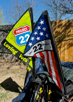 the_22_project's tweet photo. Kudos to Michael, he is 1mth out from his Trans-USA recumbent trike ride which supports our work.
We can’t help but LOVE the custom flags he had made! 
Make sure to join his group page and track his route here -> The Castle Trans-USA Trike Ride 2023
#trikeride #transusa #veterans https://t.co/eAbDb4MAJG