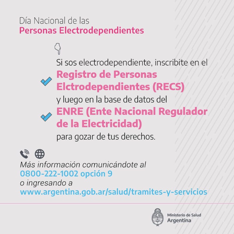 MinSalud_Ar's tweet photo. ✅La Ley 27351 establece la gratuidad del servicio eléctrico para todas las personas Electrodependientes inscriptas en el Registro de Electrodependientes por Cuestiones de Salud (RECS).

🔹Realizá el trámite llamando al 0800 222 1002 (opción 9) o ingresando acá ⬇️