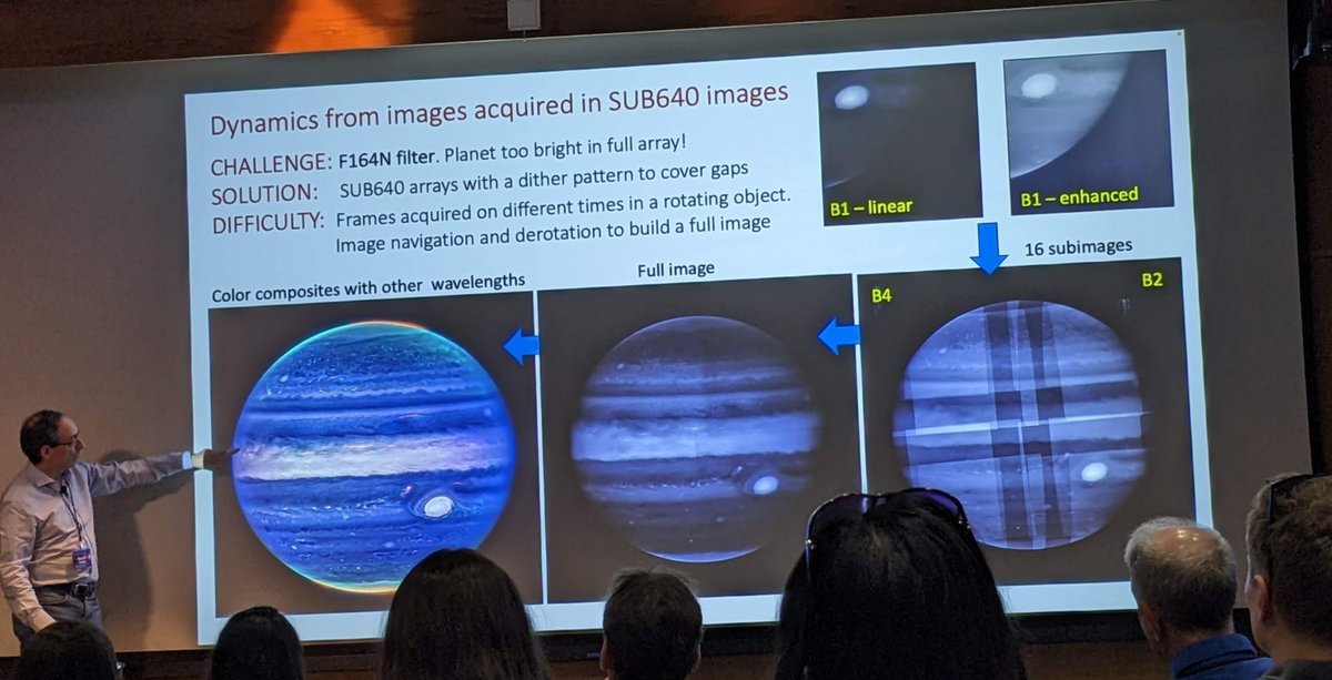 Ricardo Hueso describing the steps taken to build the most recent 3D model of Jupiter's atmosphere using NIRCAM data from the #JWST. So cool!! <a href="/stsci/">STScI</a> Spring Symposium 2023
#STScISS23  #astronomy #planetaryscience #symposium #spacescience