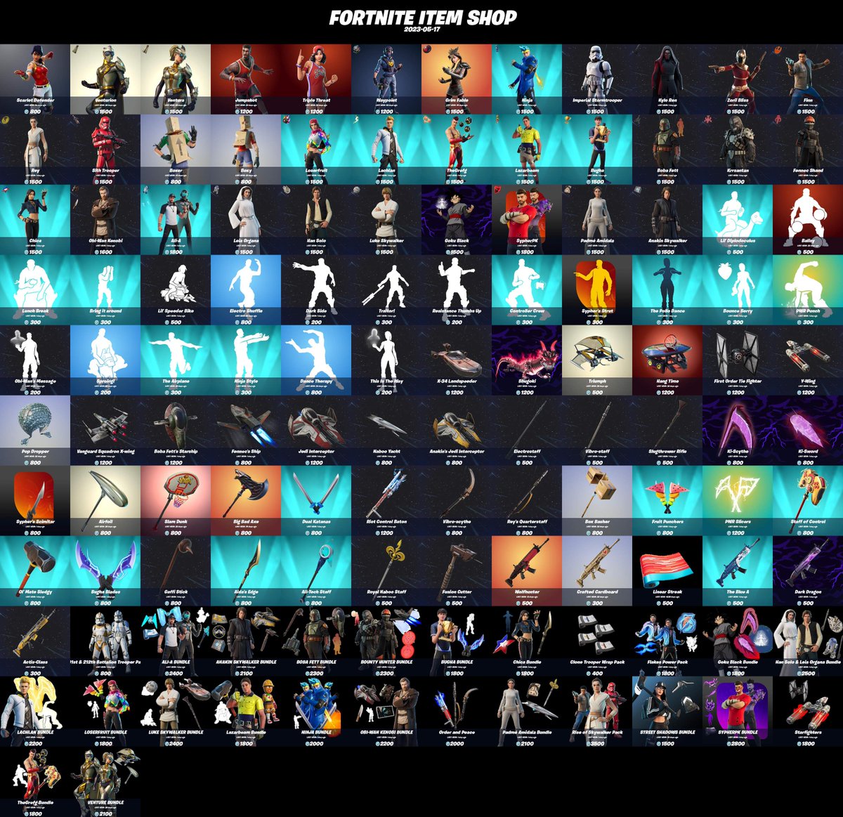 FeversBot's tweet photo. #Fortnite Item Shop update for 2023-05-17!

Consider using code "Fevers" to support me! #EpicPartner

Total Items: 122
Max Last Seen: 1036 days
Min Last Seen: 1 days
Average of Last Seen items: 12.0 days https://t.co/m32obXAJoP