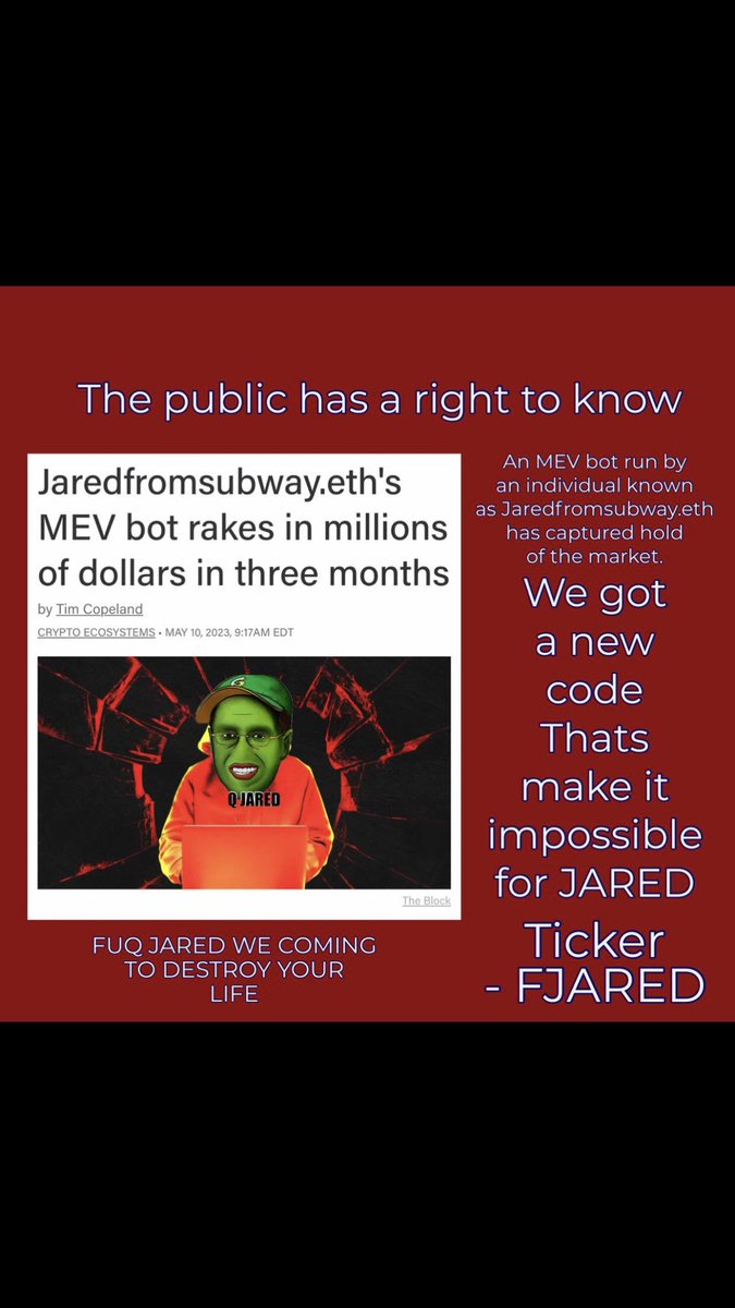 BSHILLA1's tweet image. Definitely $Fjared we here to change TEH space no more sandwiching from JaredFromSubway.eth ..@FuckJaredERC20 got the anti mev bot function in ca ..I mean that’s bullish itself …one of a kind here …come join us