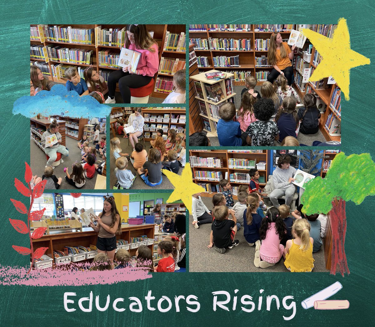 Our future teachers in Educators Rising visited the kindergarten classes at @DRELibrary to perform “Grumpy Bird” and read to small groups 💙📚🐦 @EaglesLibertyAD @EducatorsRising