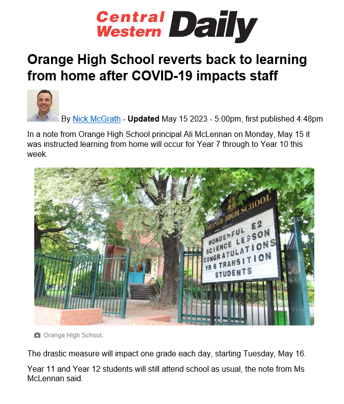 BigBadDenis's tweet photo. Orange High School reverts back to learning from home after COVID-19 impacts staff.

#COVID19nsw #OrangeHighSchool @pruecar @RyanPark_Keira @ChrisMinnsMP 

Source: https://t.co/dEzFKieqBK https://t.co/md2SLPMQsW