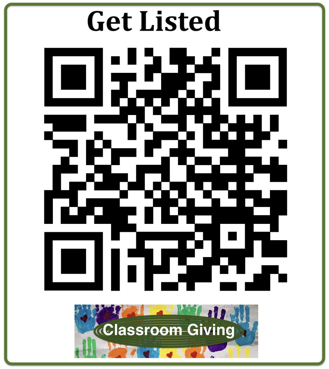 Dear Teachers,

Please print this QR code and hang it on the bulletin board at the teachers' lounge to allow more classrooms to be listed on classroomgiving.org and receive school-supplies.
#PreK #PreKteachers #preschoolteachers #preschoolteacher #kingergarden