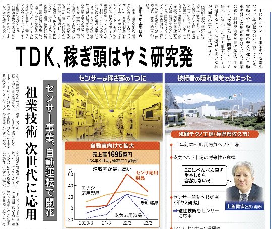 nikkei_bizdaily's tweet photo. 【17日の紙面】
TDKがセンサー事業を2次電池などに並ぶ収益の柱に育てています。祖業の磁性材料技術を次世代産業に生かそうと、技術者が陰で開発した「ヤミ研究」が開花しました。主力事業がいずれ衰退するという危機感がまいた種が、屋台骨になってきています。 https://t.co/2JBIgmWaxy