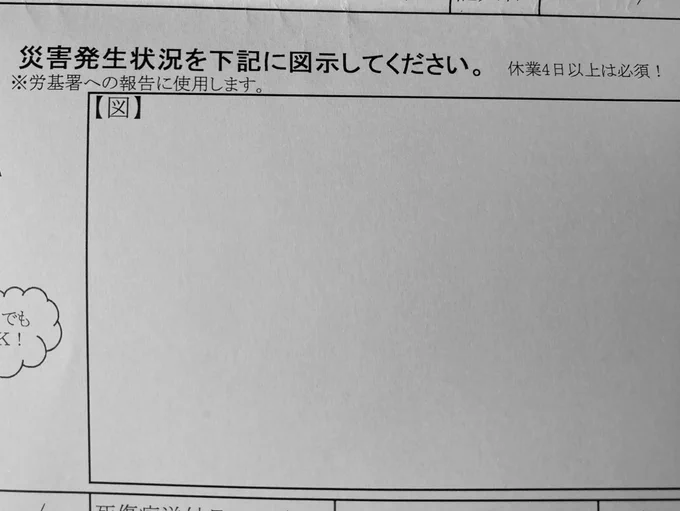 労災の書類、状況を図示しろっていう欄があったのでミステリとかにあるような「×被害者 ◾︎凶器」的な見取り図かと思いきや… 図示例…マンガやん…絵うま(描けるかい)