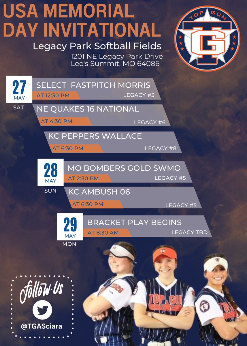 Schedule for the <a href="/USASoftball/">USA Softball</a> Memorial Day Tournament. 

#FlyAbove #Compete #TGF

<a href="/topgunfastpitch/">Top Gun Fastpitch</a>