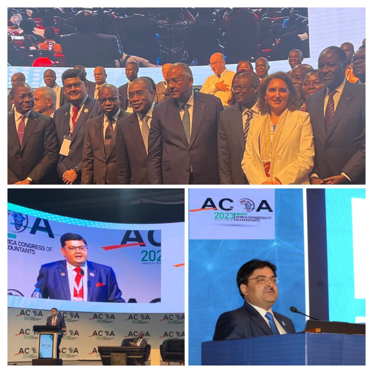 theicai's tweet photo. CA.Aniket S. Talati, President-ICAI &amp; CA.Ranjeet K. Agarwal, VP-ICAI alongwith Mr. Patrick Achi, Hon'ble PM-Côte d'Ivoire, Mr. Adama Coulibaly, Hon'ble Minister of Finance
&amp; Economic Affairs, Ms.Asmâa Resmouki, President-IFAC &amp; other dignitaries at #ACOA2023 being held in Abidjan https://t.co/T8SCQ2Z5Vw