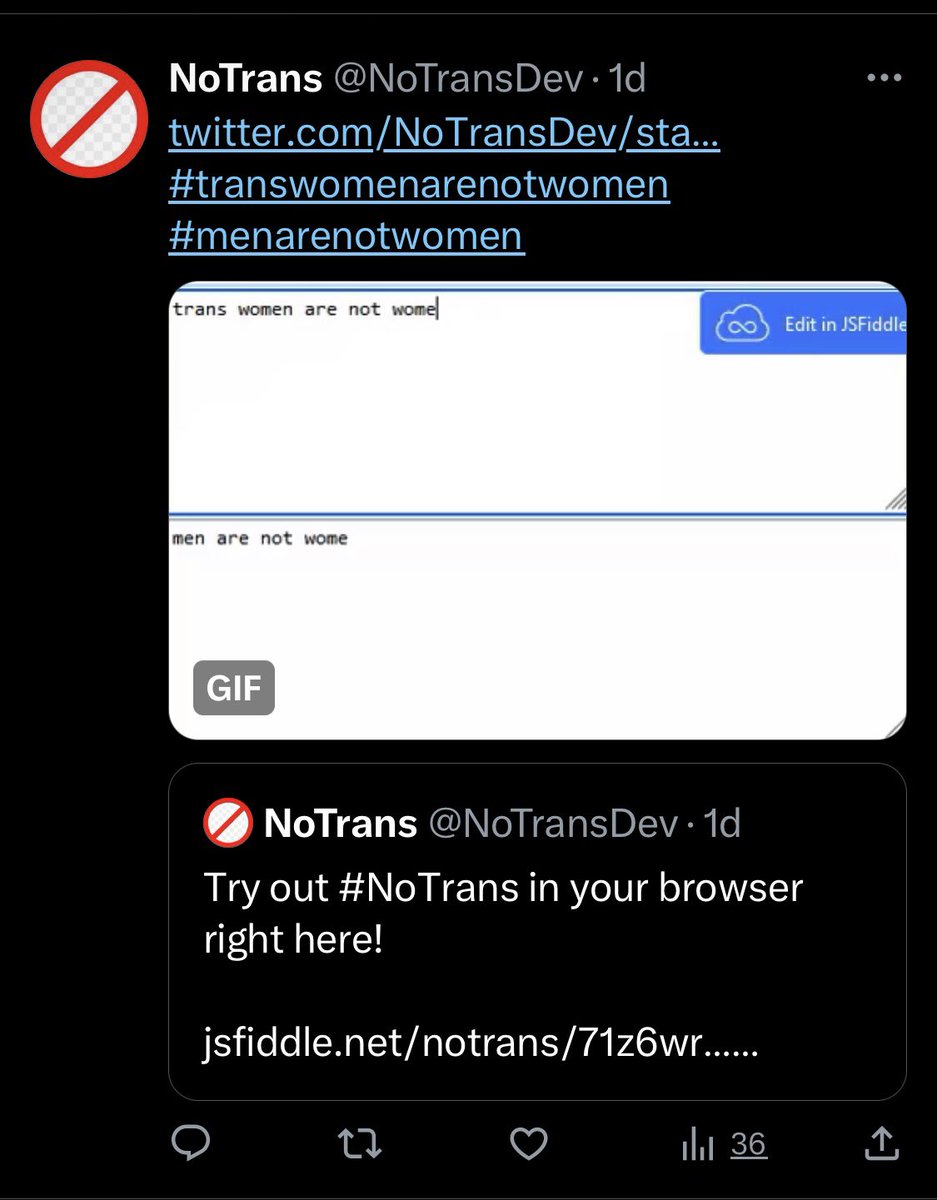 I got a notification telling me this account just followed me today. It’s someone who’s made some code that types “man” instead of trans woman.