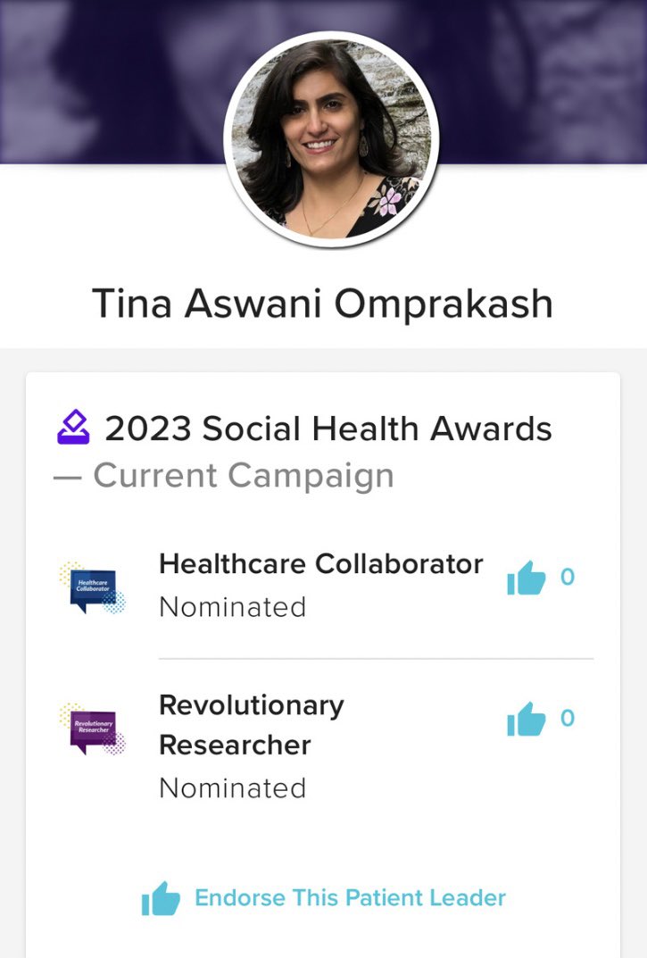 Honored to have been nominated for the patient advocacy #SocialHealthAwards in the categories of ‘Healthcare Collaborator” & “Revolutionary Researcher” 🙏🏽

Check out this link to endorse me for the awards: wegohealth.com/ownyourcrohns/… 👌🏽