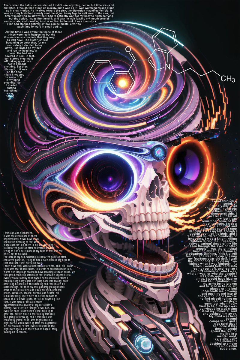 SCHIZO_POSTERS's tweet photo. I am freaking out by this point, I am starting to feel like I am not real and I am not really here and I question the reality of my situation, my legs are getting very heavy and A keeps saying 'I'm dying' over and over again, I hear C try to calm him down. B and D are completely quiet and have not said a word since they took their hits. I feel like I am losing my peripheral vision and I am starting to sweat. A starts chanting like if he is some Shaman or Indian chief of some sort. I'm not too worried about them really, I am having too much of a bad trip to care much.

A raises his hands and starts chanting even more. I decide I need to leave, I'm worried I'm going to die, I make my way for the door and I have to hold on to everything on the way there because I cannot balance myself, I feel like I am walking very slowly, like time is not working. I decide I need to save myself and I take that last step outside. I stumble on the ground and make it to the side of the stairs. Everything is shaking, am I outside? I look down at my arms and I feel like I am not connected to this body, I try to move my left arm but I can't and I freak out for a a second until I finally move my arm. I start wondering if I'm going to be paralyzed. My heart is beating so hard I feel like it's going to explode, I sit down on the side of the stairs, I hear A scream twice and then continue chanting. I need to walk down the stairs and into my car but I bring myself to move much, when I try to stand up I feel like everything is moving but I'm standing still. I am completely terrified at this point and I am almost sure I am going to die.

I don't hear A anymore and I was surprised I even heard him chanting and screaming, when I left the apartment I shut the door and I had crawled two doors away from his apartment and to the side of the stairs. I can reason with myself but my mind drifts away to thoughts of me dying or being paralyzed and at times I feel like I am not connected to my body. I stand up very slowly and hold on to the side of the rail and some time after this B and C run out of the apartment and I hear B say 'Just run man run' or something like that. I hear A making very weird sounds since the apartment door is wide open now and I am pretty worried but I am even more worried about the ambulance sirens I am starting to hear. C tells me we need to go, I am having some severe anxiety now and I suppose I wasn't thinking too well because I told him to go by himself and leave me here. But lucky for me he didn't leave without me he kept telling me to come with him until I finally did. Walking down the stairs was hell I had to focus very hard on where I stepped because I couldn't balance myself at all when I finally get down there C and I start walking towards my car, half way there I tell him I can't make it, with every step I take I run out of breath and I am starting to feel pressure on my chest.
As I looked to my far right wall and started looking back to the left.. Time slowed down to a crawl, literally. Each 'frame' lasted about 30 minutes in my world, and 1 ms in the real world. Don't ask how I know the specific values, I just 'knew'. Each frame was a story. Each story was someone's life. It would start from birth and go all the way to death. I would get so caught up in each story, I would assume that I WAS that person.. I would feel as the person was feeling. When it was their birthday, I would feel as though it were my birthday (think of presents I want, who I want to come to my party, etc.). I basically became that person