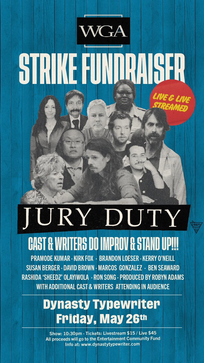 Since I’m on strike, I decided to ask my Jury Duty friends to help me put on an improv/standup show to raise money for the Entertainment Community Fund. Tickets are on sale now @DynastyTypewriter #wgastrike <a href="/WGAWest/">Writers Guild of America West</a> <a href="/WGAEast/">Writers Guild of America East</a>