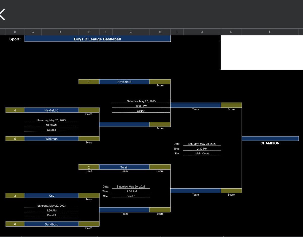 Championship Saturday is set! Good luck to all teams. 
<a href="/WWMS_WildcatASP/">Whitman Middle After-School Program</a> 
<a href="/TwainMS/">Twain Middle School</a> 
<a href="/SandburgASP/">Carl Sandburg After School</a> 
<a href="/KeyMiddle/">Key MS</a> 
<a href="/HawksStayAfter/">Hayfield MS After-School Program</a>
