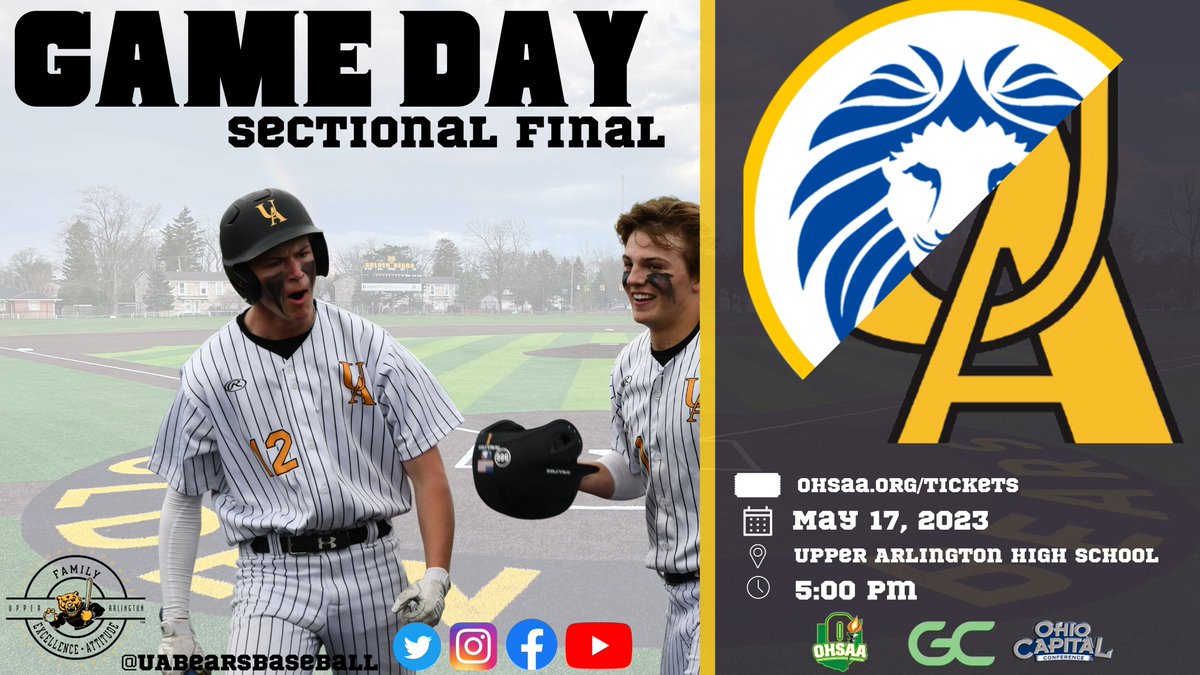 UABearsBaseball's tweet photo. GAME DAY - SECTIONAL FINAL

📍: Upper Arlington, OH
🏟️: UAHS Turf Baseball Field
🕔: 5:00 PM
🎟️: https://t.co/52vmcoWHYQ
Baseball ➡️ Region 2 ➡️ Central 2

#FEA | #GameDay 🐻⚾️ https://t.co/vmMa9UF7Am