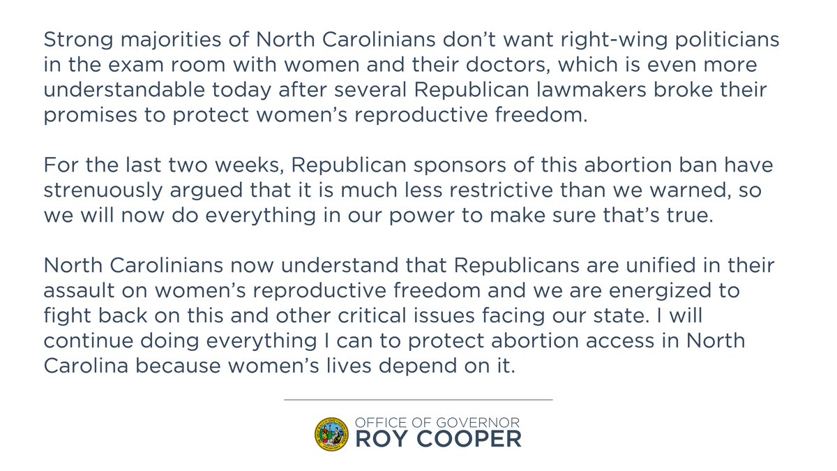 Gov. Cooper Statement on Republican vote to override SB20 veto: