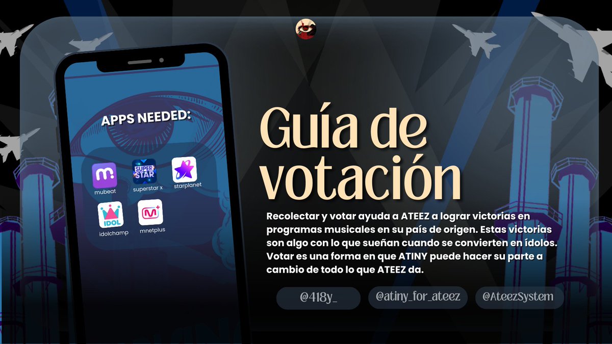AteezColombia's tweet photo. [🗳️] GUÍA DE VOTACIÓN 

StarPlanet - IdolChamp - MnetPlus - Mubeat - Superstar X

Creado por @418y_, @atiny_for_ateez, and @ATEEZSystem

Traducido por: @ateez_venezuela @AteezColombia 

ATINY MAKES 1 TEAM
#OnTheRise #OUTLAW #ATEEZ #에이티즈 @ATEEZofficial https://t.co/sQfmhlWnkA