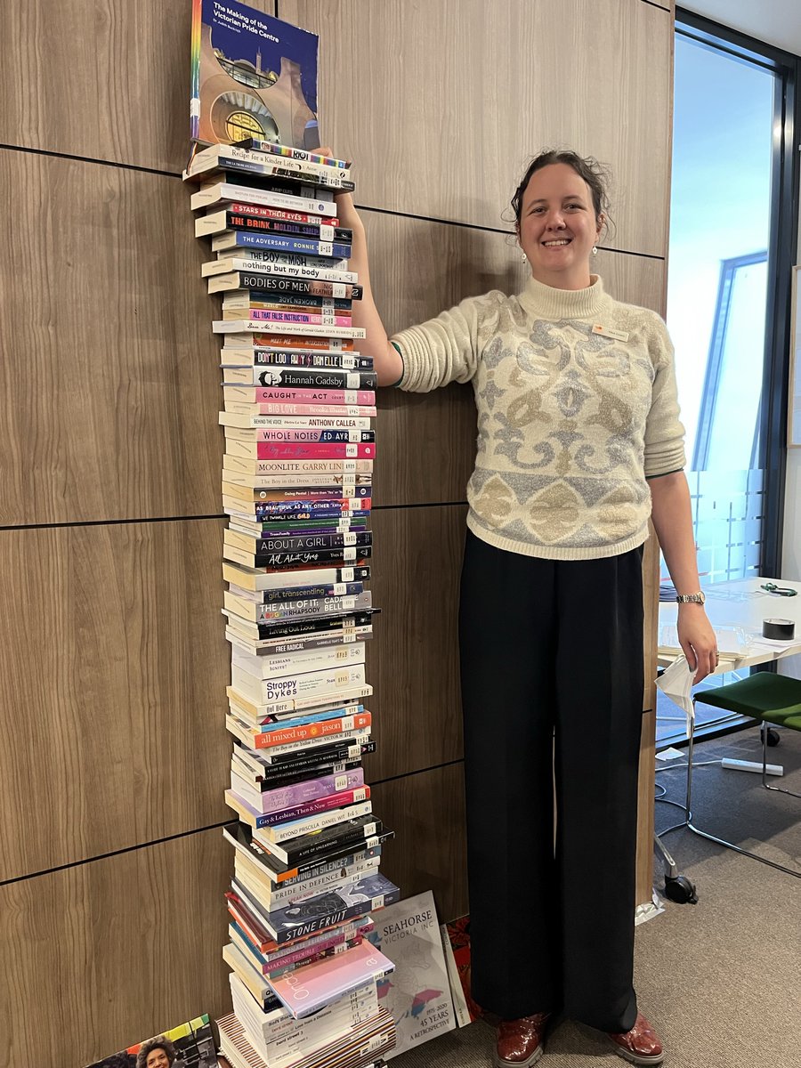 PMILibrary's tweet photo. Our collections librarian @BiblioEll tells us there is just about 100 books in this stack. Proof that we @PMILibrary celebrate and collect queer history.
Today is #IDAHOBIT day. Like our stack of books here, we #GoRainbow and respect identity #LGBTQIAPlus #IDAHOBIT2023 https://t.co/rdLNGhoiha