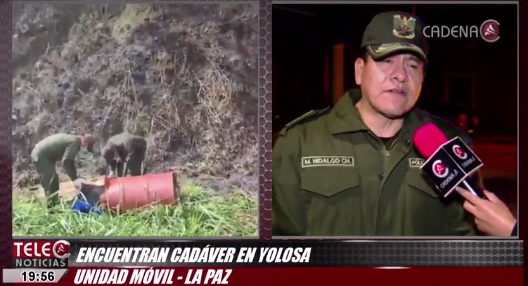 JanettTicona's tweet photo. #deÚltimo
#Yungas
Hallaron en el cuerpo de un joven de aproximados 30 a 35 años envuelto en una bolsa yute en un turril en la comunidad #Yolosa. Según la policía, la víctima tenía varias puñaladas en el tórax. Iniciaron con las investigaciones. https://t.co/53ffUC2EWs