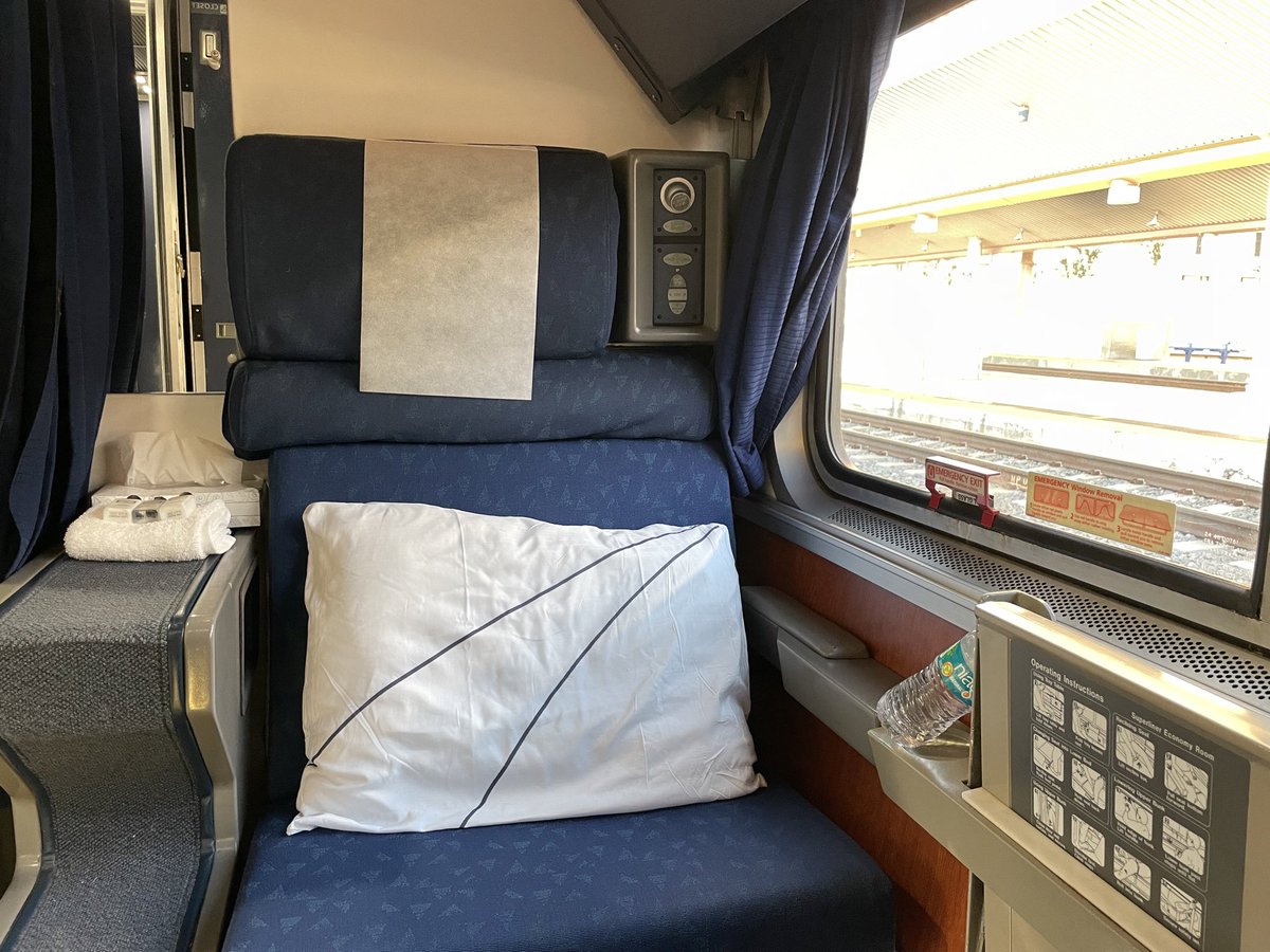 AndreasWiede's tweet photo. The eastbound #SouthWestChief, @amtrak’s train #4 is ready to depart from beautiful #LosAngeles Union Passenger Terminal with destination #Chicago over the BNSF #SantaFe line. I’m travelling in a #roomette, a small compartment with to seats, transforming into a bed for the night. https://t.co/NGkd6AvMY1