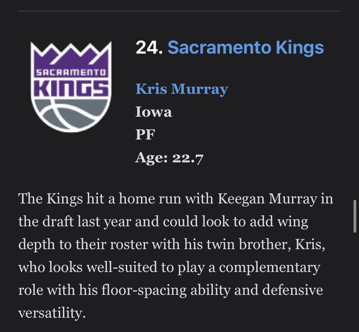 ESPN just dropped its first Mock Draft following tonight’s draft lottery.

Kings fans might be pleased with this projection.