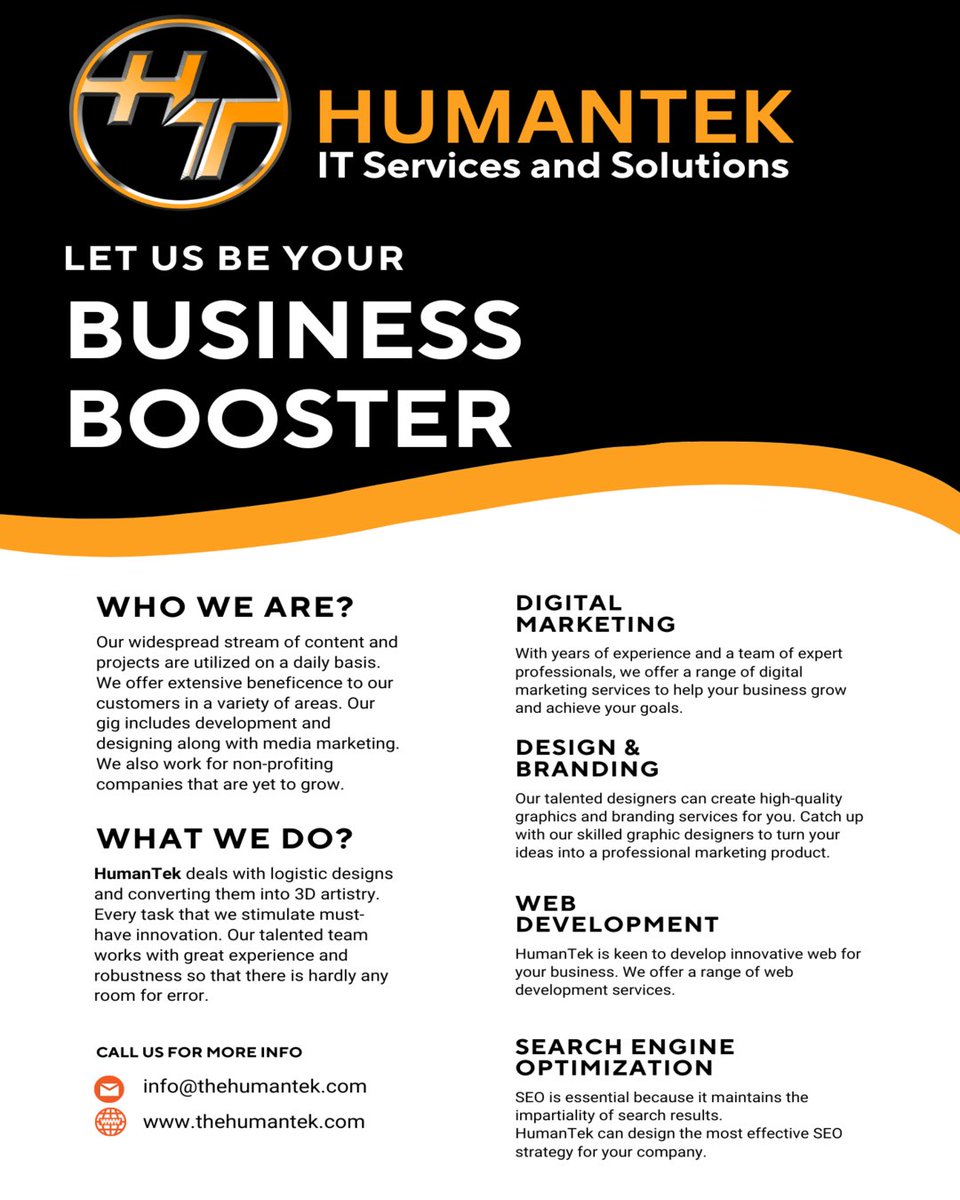 u_mujeeb19's tweet photo. ๐ Let us be your business booster! ๐
Looking to take your business to new heights? Humantek is here to help! Whether you need an IT strategy, a stunning website, or a targeted marketing campaign, we've got you covered. Let's transform your business together!
#humantek #twitch https://t.co/Hn1bqBk0Hq