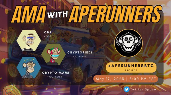 Donjuliozz's tweet photo. 📣#Gemz 💎group AMA w/@ApeRunnersBTC #OrdinalsNFTs 🦍

Join us @ 8pm EST on Wednesday May 17th 🔥🔥🔥

💎Join me #CDJ for a chance to win a @BitApes_btc #Ordinal #BTC  

Co-hosts :
@CRYPTOFIED1
@angel_funsized

Project :
#aperunners 

RT & Set a reminder for my upcoming Space https://t.co/BHRKvApILj