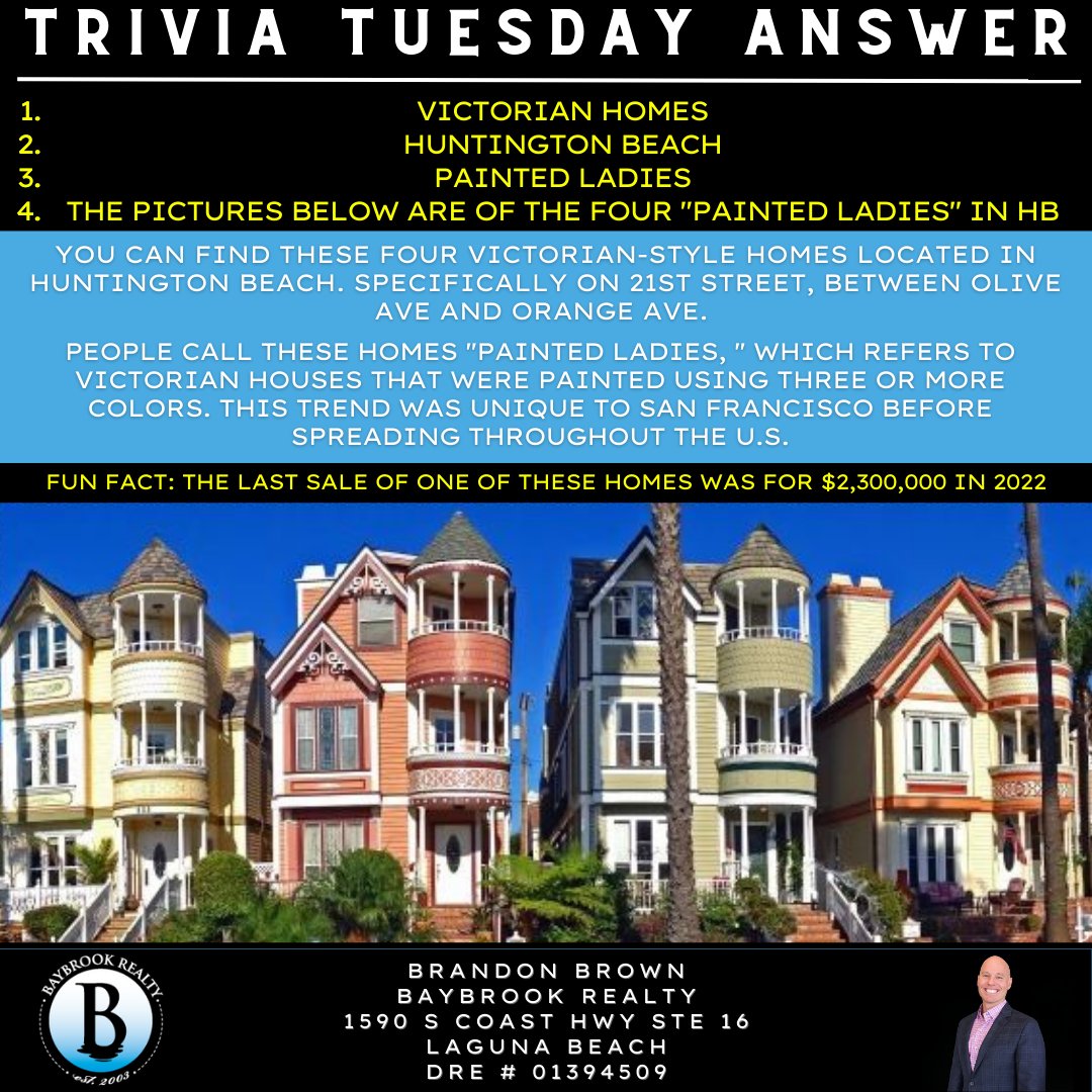 Trivia Tuesday Answers!

There you have it!

#BayBrookRealty #OCTrivia #OrangeCountyRealEstate #OrangeCountyRealtor
#KnowYourOC #OCRealtor #HuntingtonBeach #Victorian #VictorianHouses 
#PaintedLadies #OrangeCounty #LagunaBeachBrokerage 
#ServingNotSelling #1Peter410